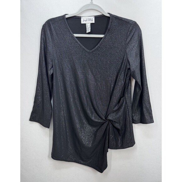 Joseph Ribkoff Metallic Top Womens 6 Black Ruched 3/4 Sleeve V-Neck Pullover - Picture 1 of 8